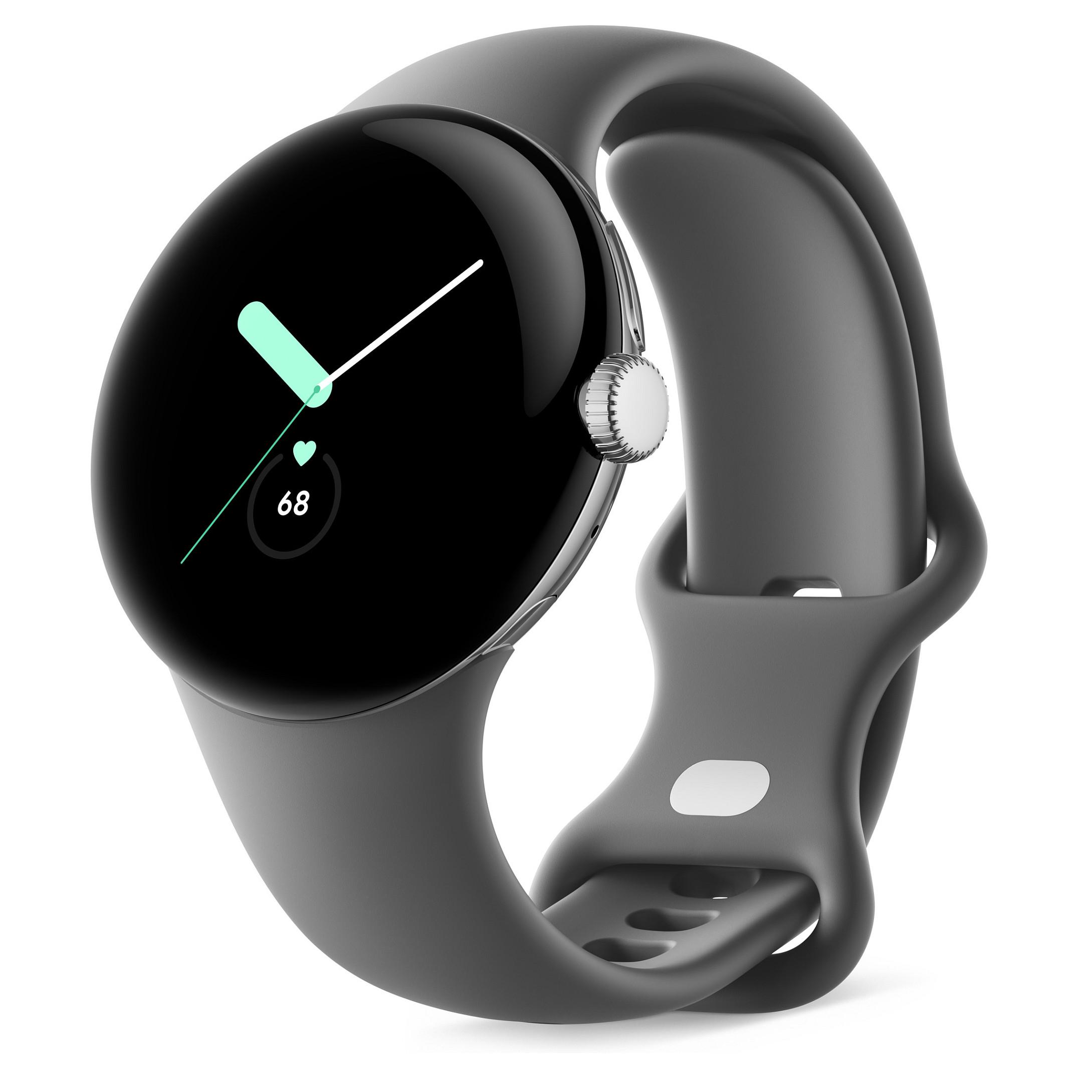 Google Pixel Watch smartwatch 32 GB Wi-Fi - poleret sølv med trækul fluoroelastomerrem, str. L