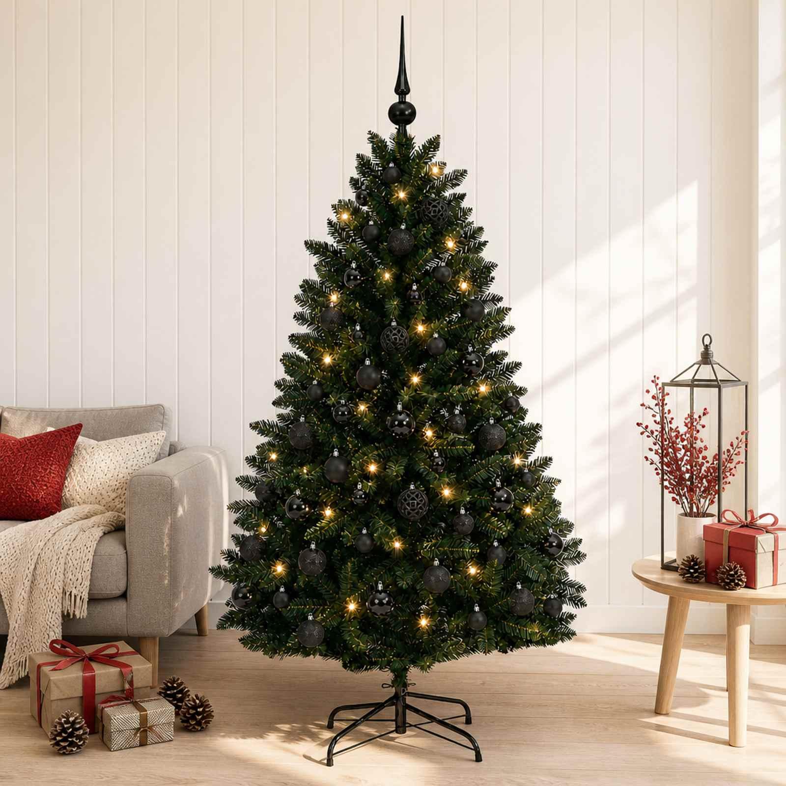 vidaXL Kunstigt juletræ mørkegrønt med julekugler 180 cm 300 LED'er