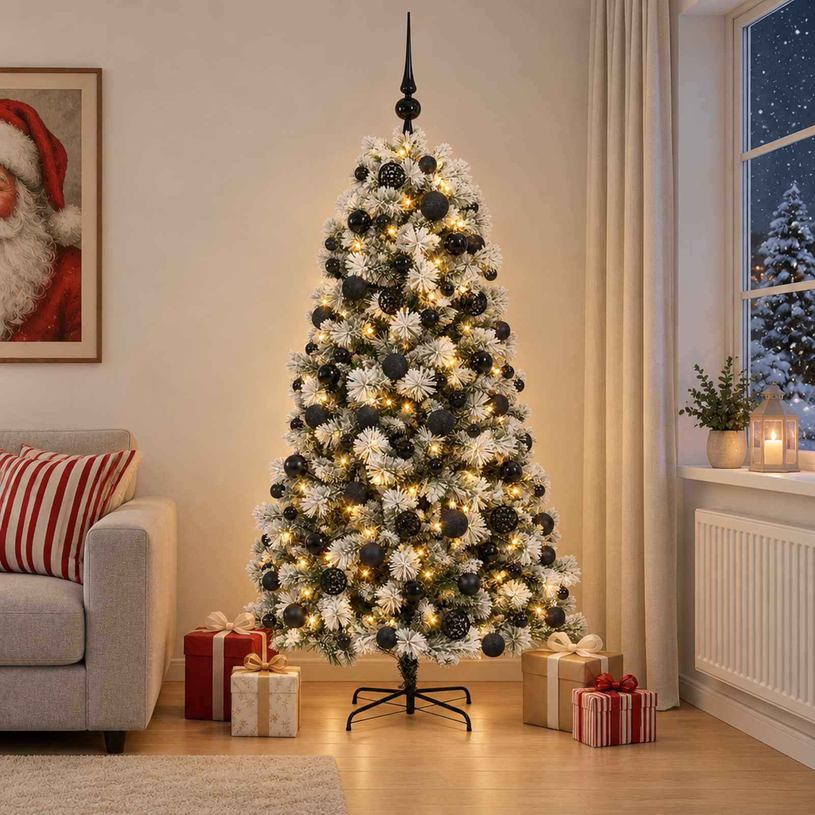vidaXL Kunstigt hængslet juletræ med julekugler 240 cm 300 LED'er