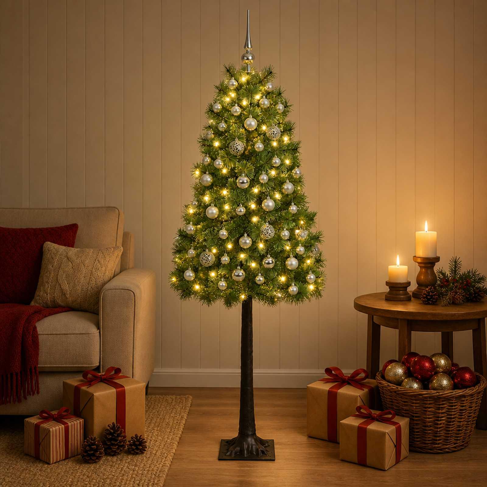 vidaXL Kunstigt hængslet juletræ med julekugler 120 cm 150 LED'er