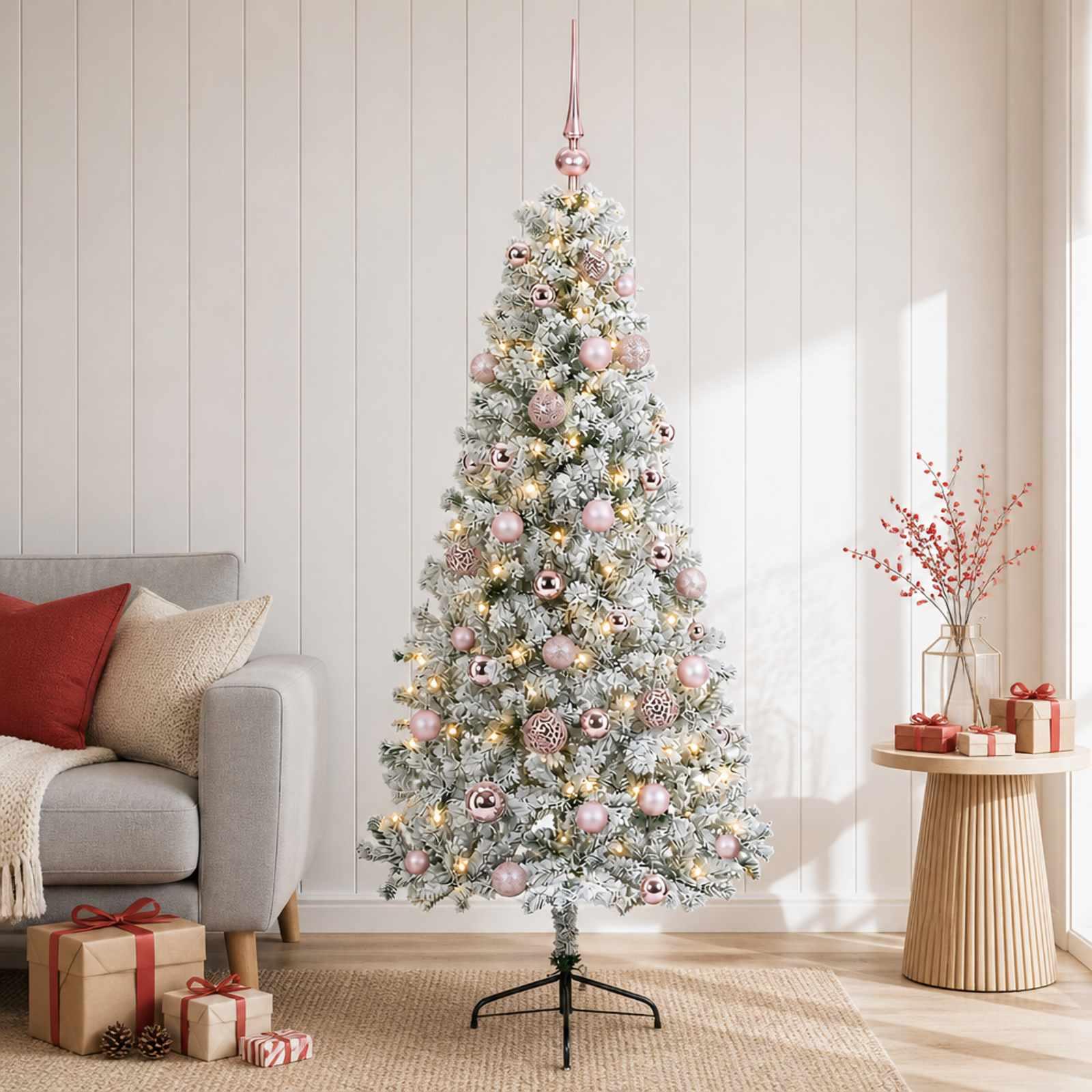 Kunstigt halvrundt juletræ med LED og julekugler 150 cm - grøn/hvid