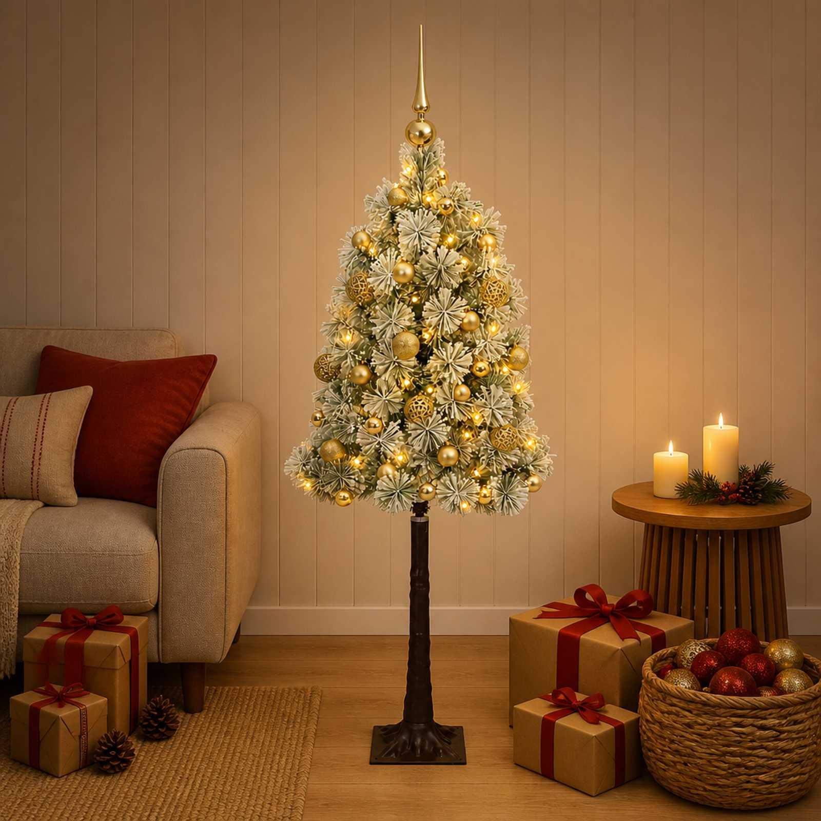 vidaXL Kunstigt hængslet juletræ med julekugler 120 cm 150 LED'er