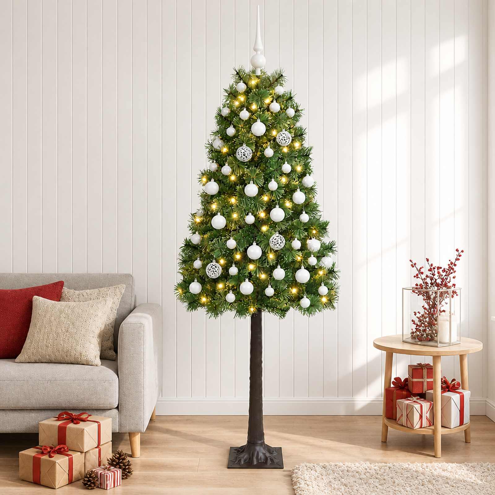 vidaXL Kunstigt hængslet juletræ med julekugler 120 cm 150 LED'er