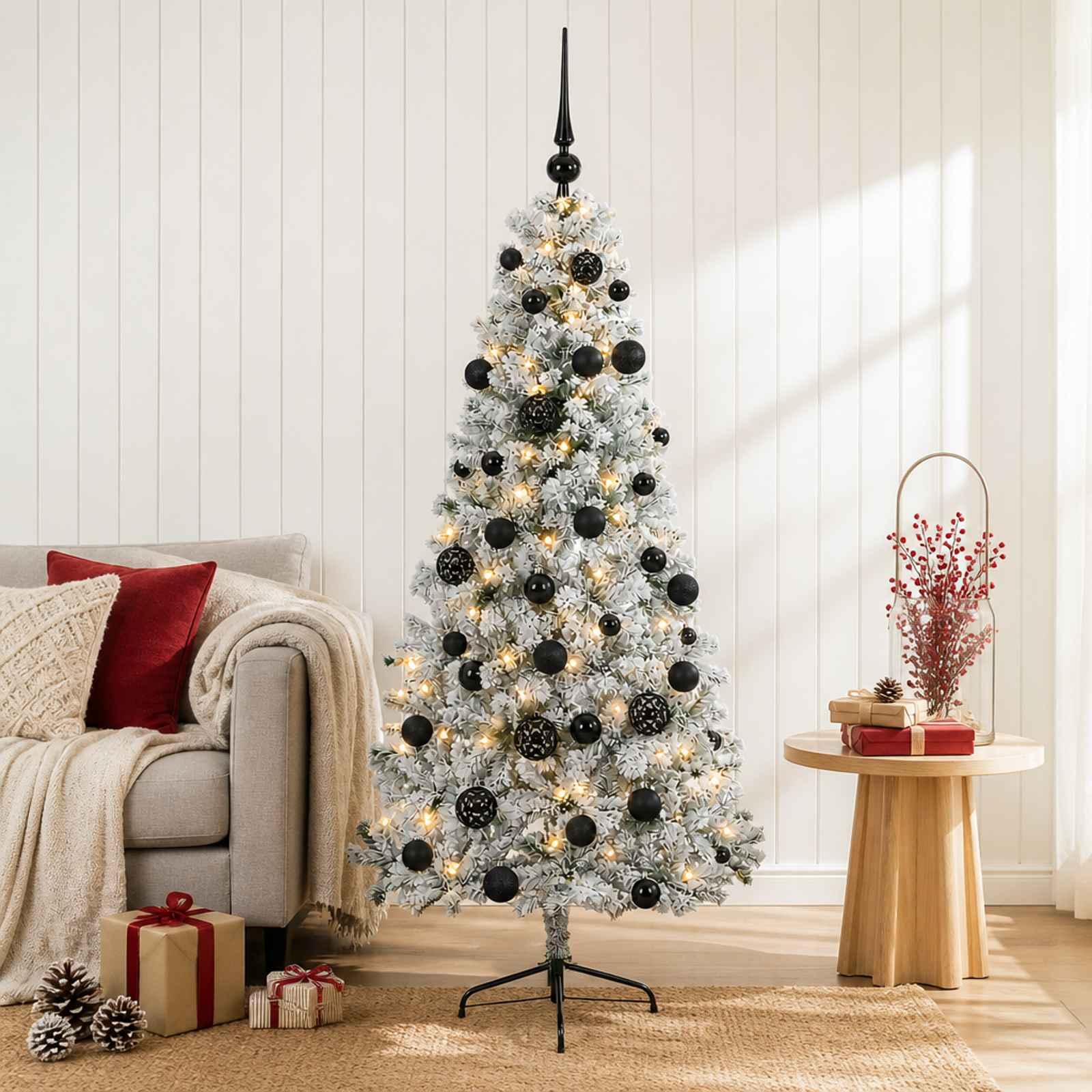 Kunstigt Hinged Juletræ 300 LED'er Varm hvid 120 cm, med LED og sorte kugler