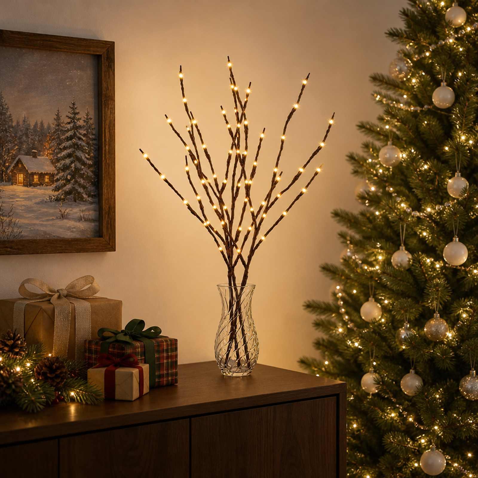 LED-kobbergrene som juledekoration 3 stk. 62 cm Stål Brun (varm hvid), LED lys