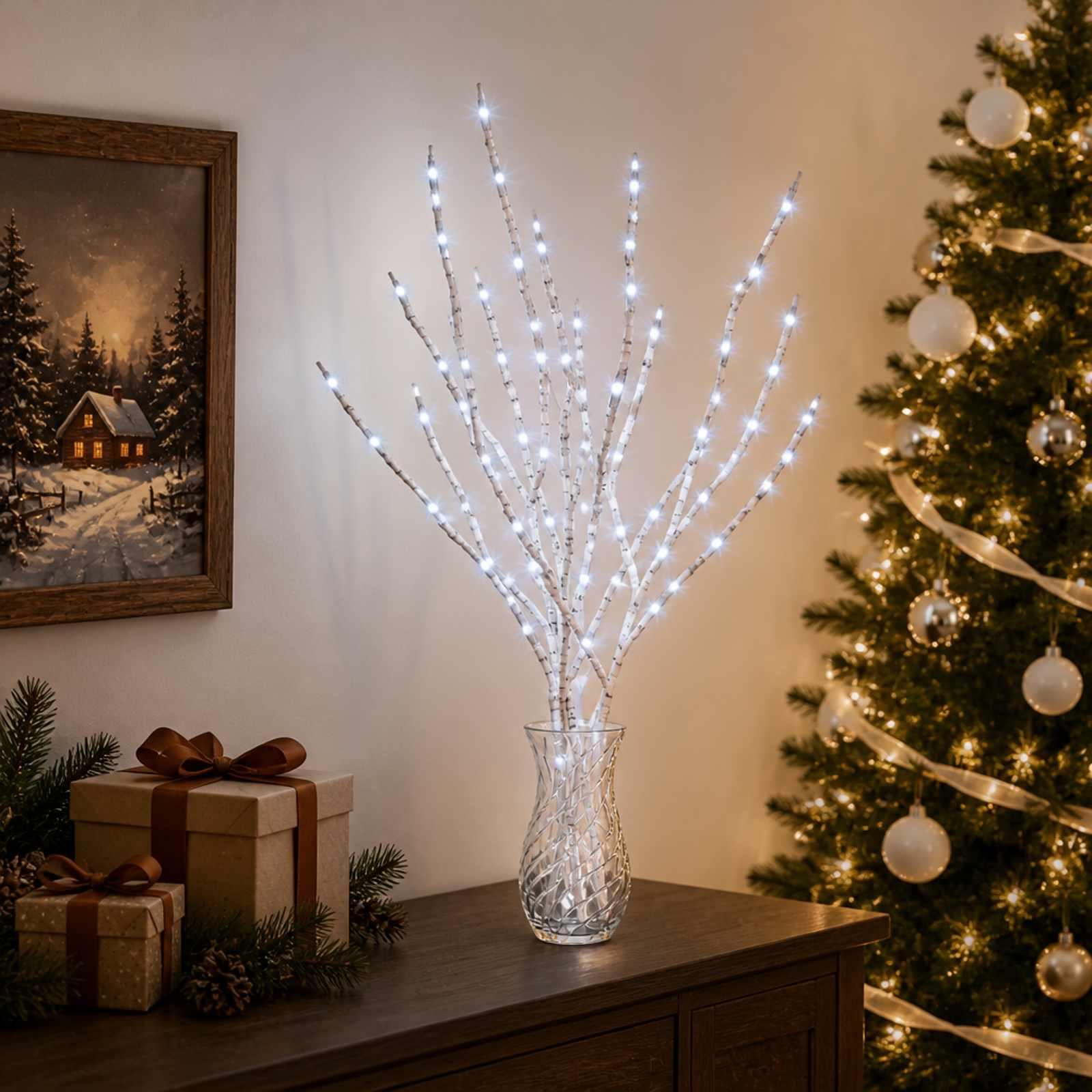 LED-kobbergrene til juledekoration 3 stk. - hvid, 62 cm