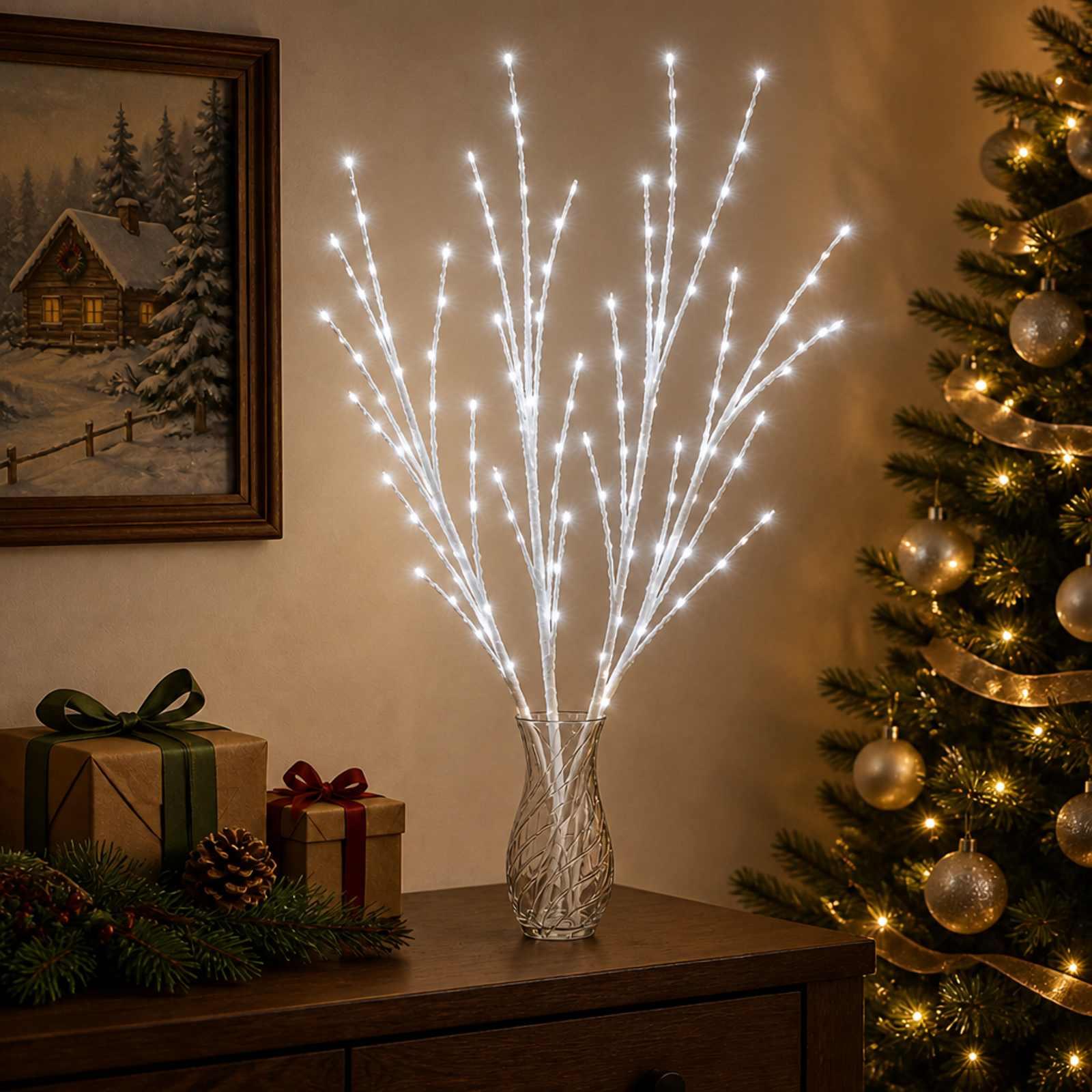 LED-kobbergrene til juledekoration - hvid, 3 stk., 62 cm