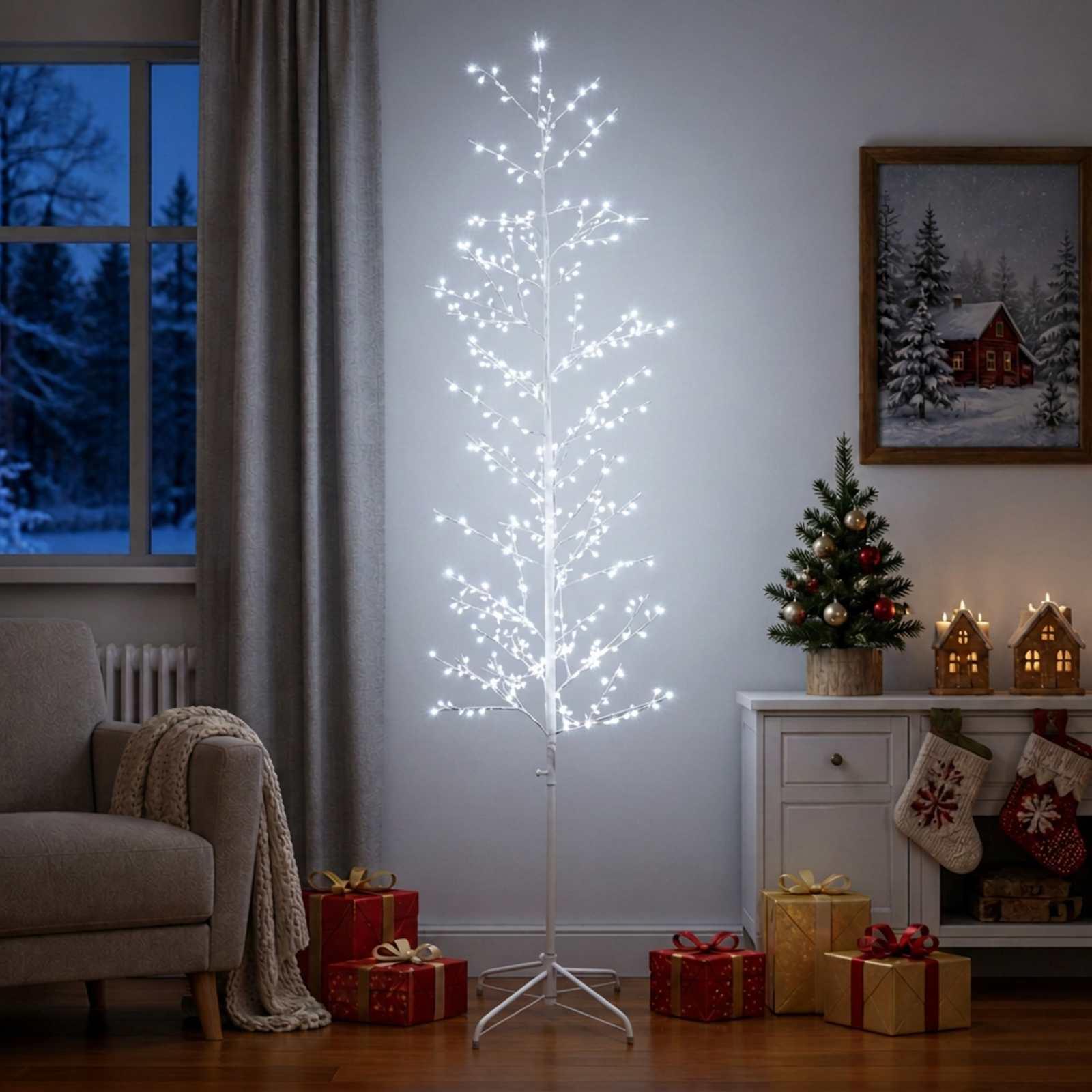 Micro-birkejuletræ med LED - hvid, 240 cm