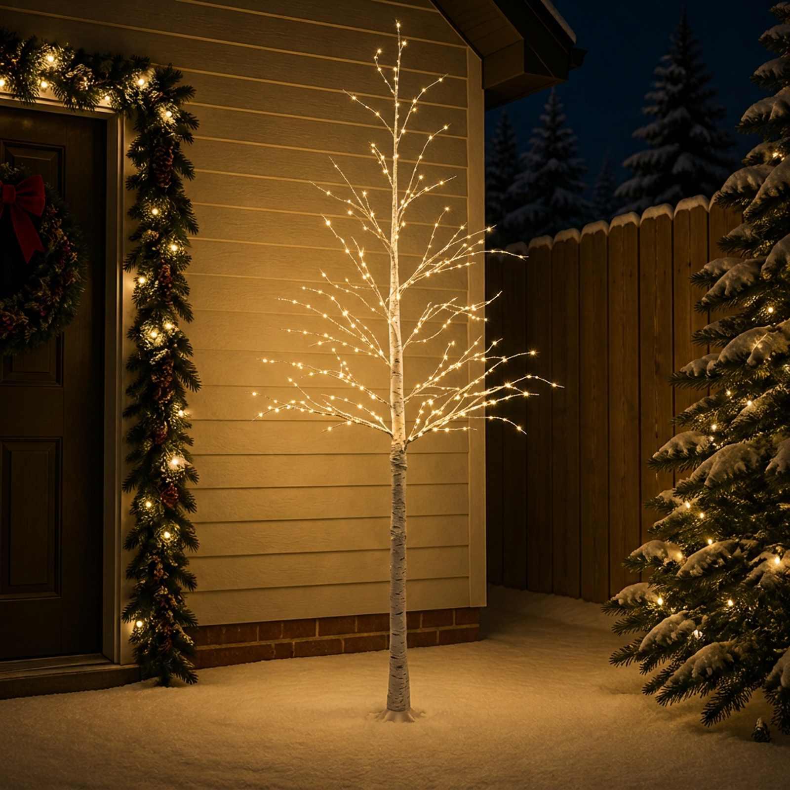 Birkejuletræ med LED - hvid, 25 x 25 x 210 cm