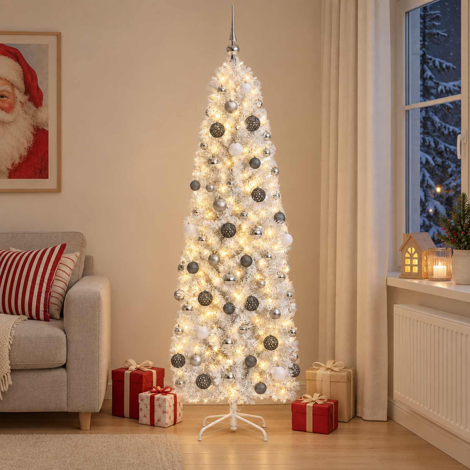 Slankt kunstigt juletræ med LED-lyskæde og julekugler - 180 cm, hvid