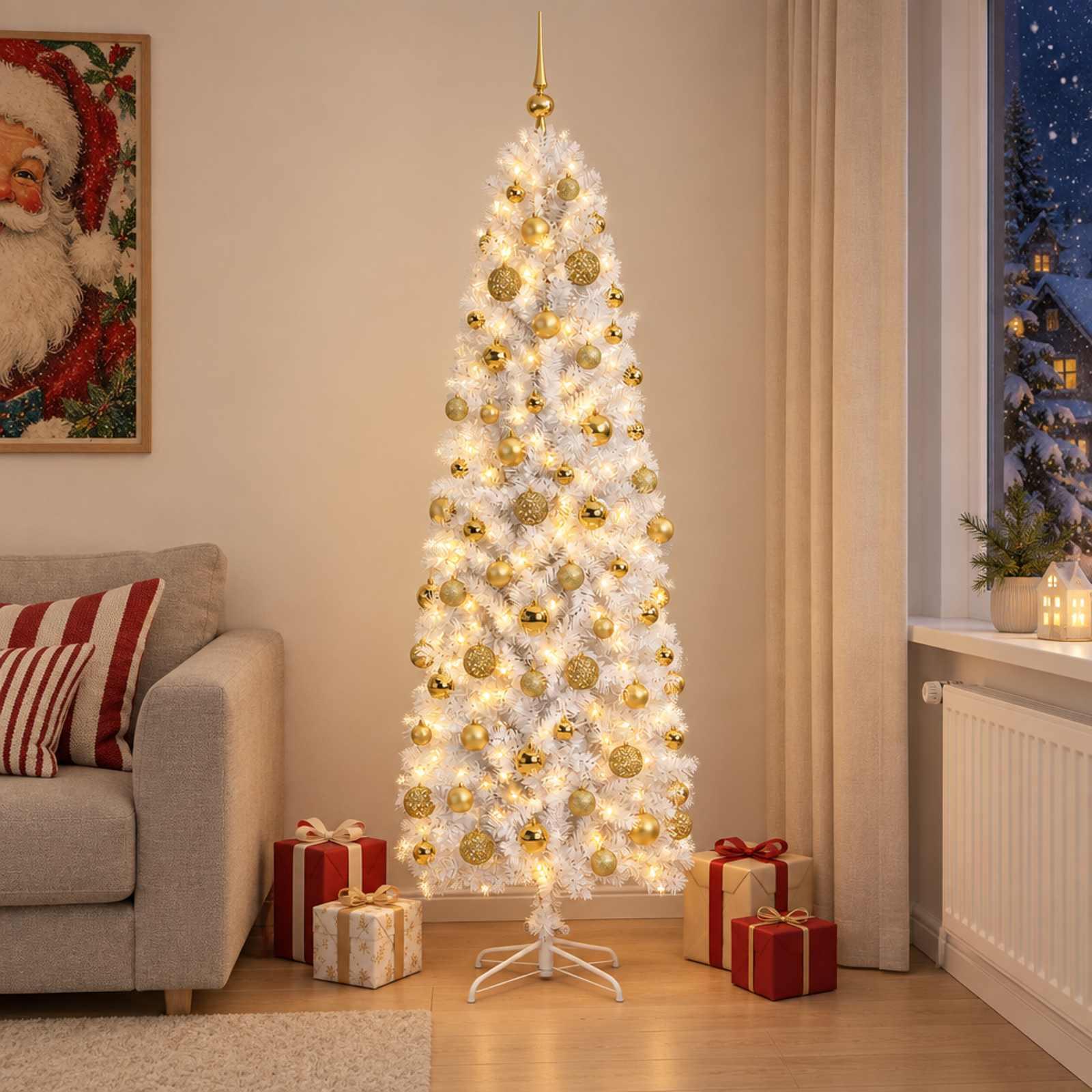 vidaXL Kunstigt slankt juletræ med julekugle 180 cm 300 LED'er
