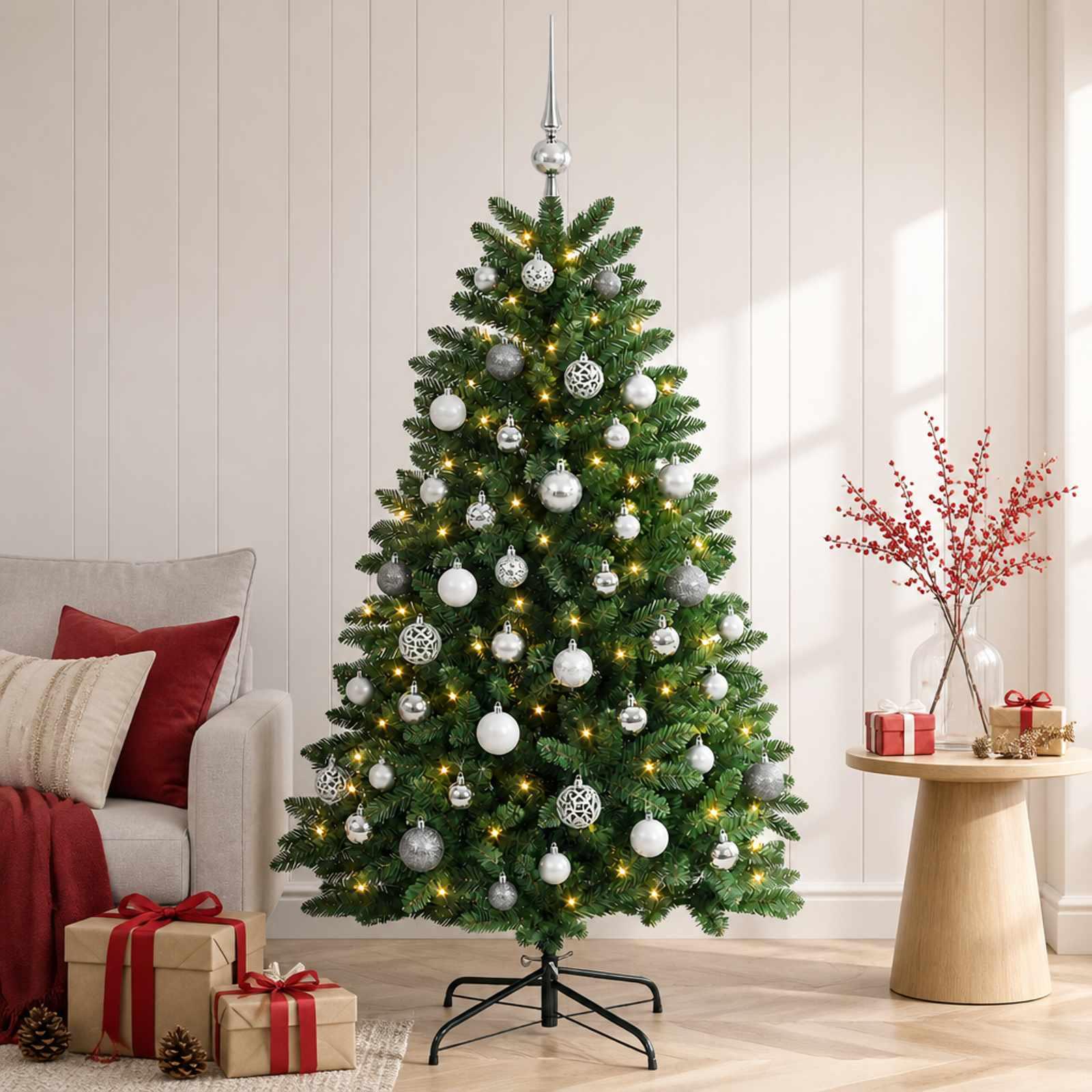 vidaXL Kunstigt juletræ mellemgrønt med julekugle 180 cm 300 LED'er