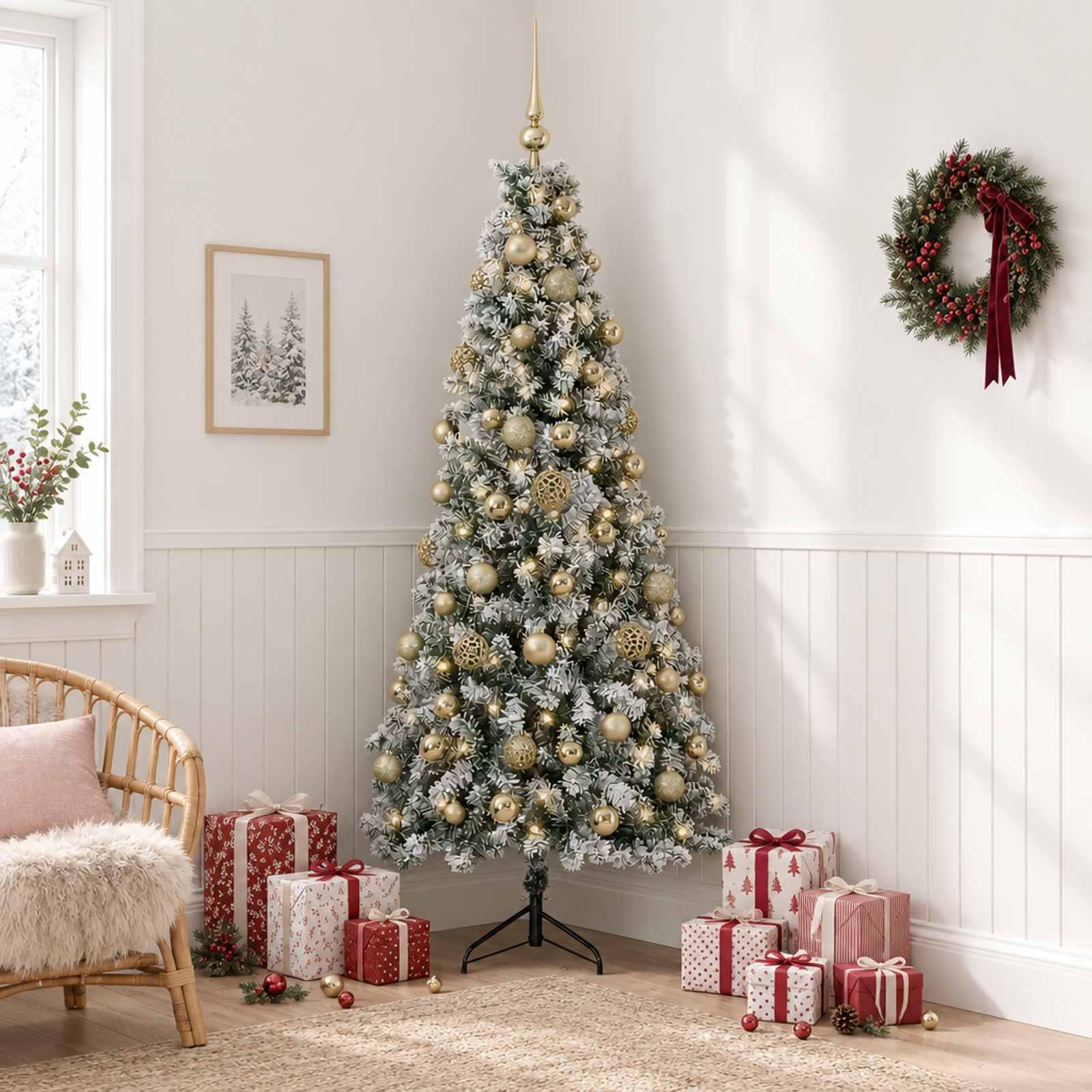 vidaXL Kunstigt juletræ med julekugle 180 cm 300 LED'er Varm hvid