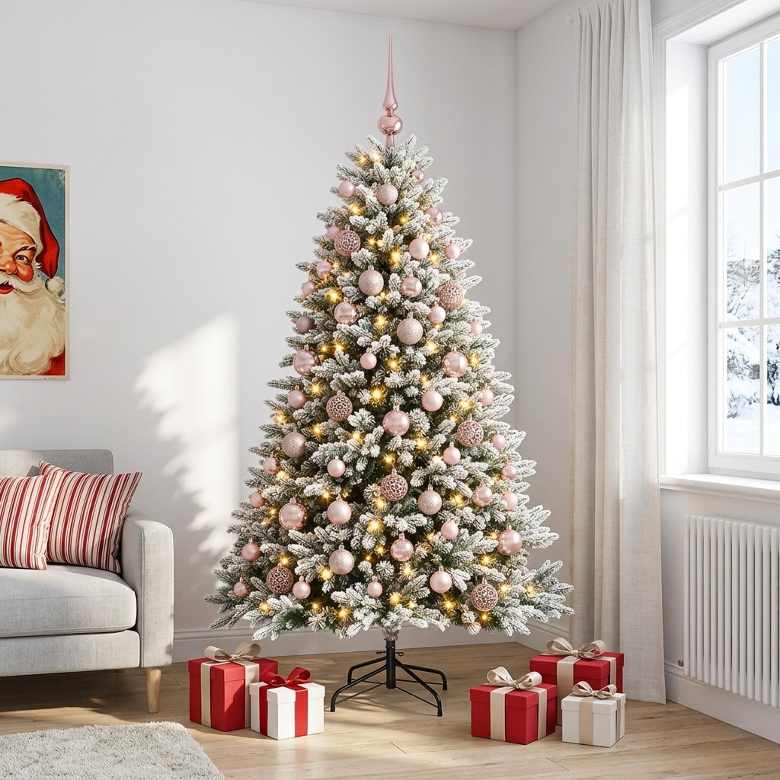 vidaXL Kunstig juletræ med kugler 210 cm 300 LED'er Varm hvid
