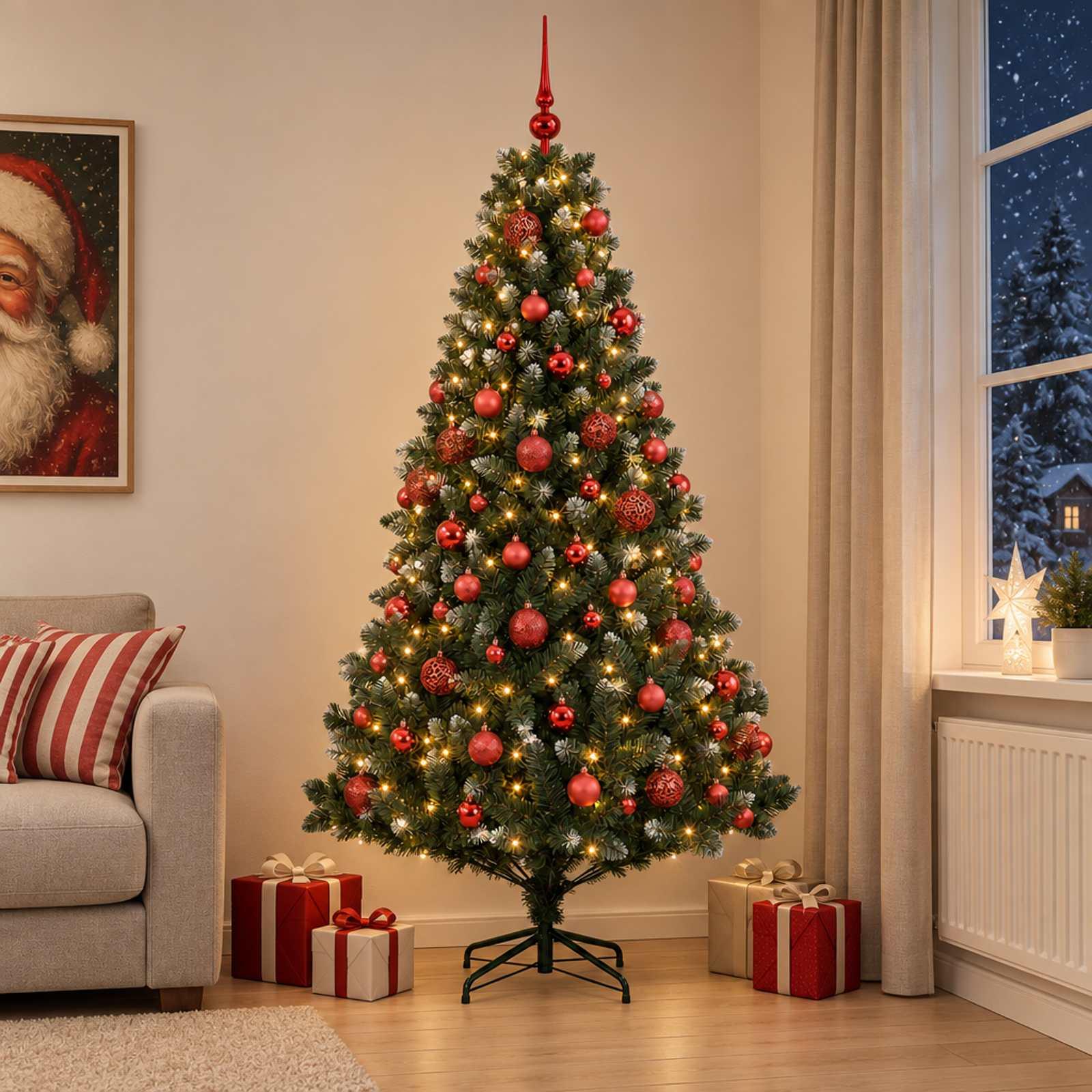 vidaXL Kunstig juletræ med kugler 180 cm 300 LED'er Varm hvid