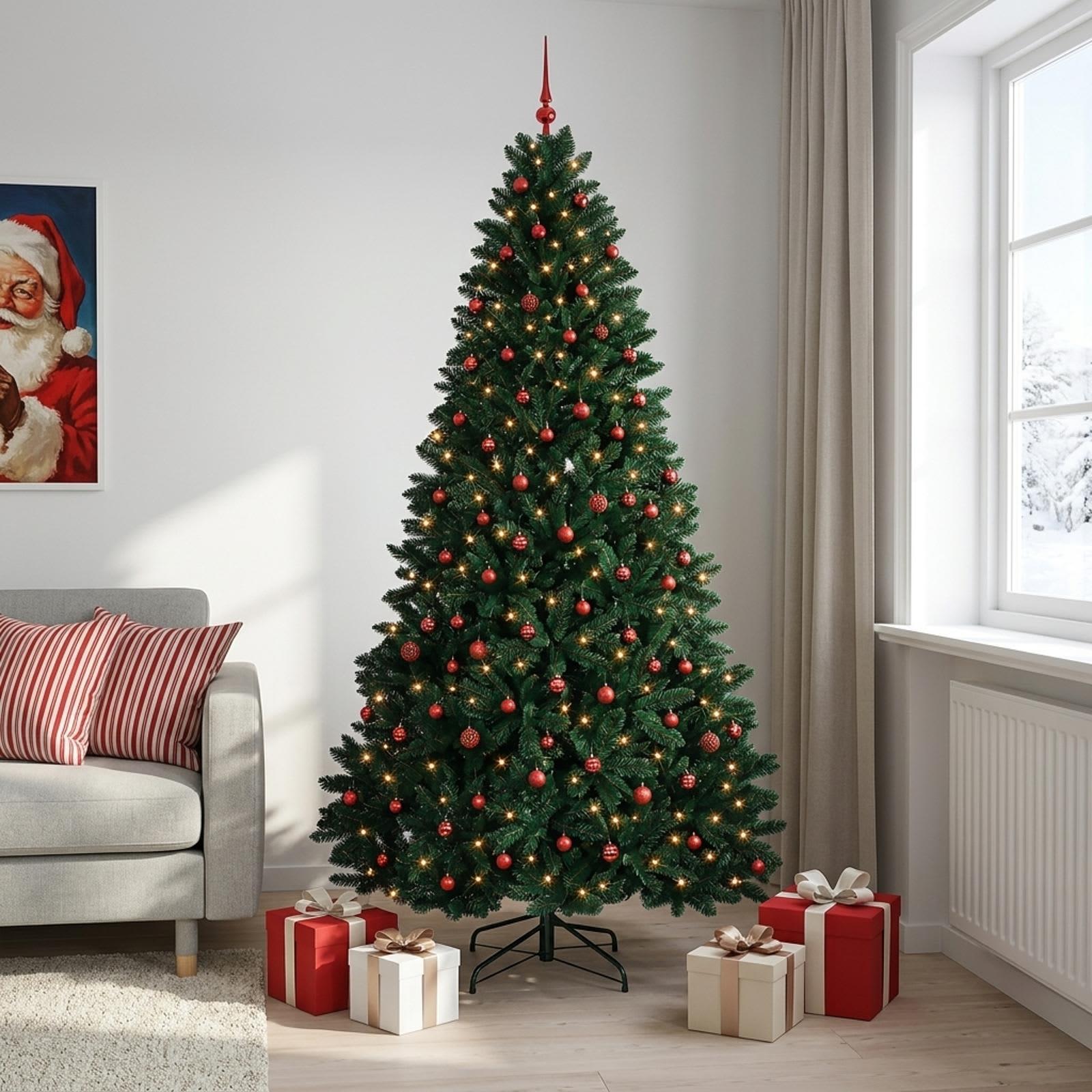 vidaXL Kunstigt juletræ i mørkegrøn med julekugle 270 cm 600 LED'er