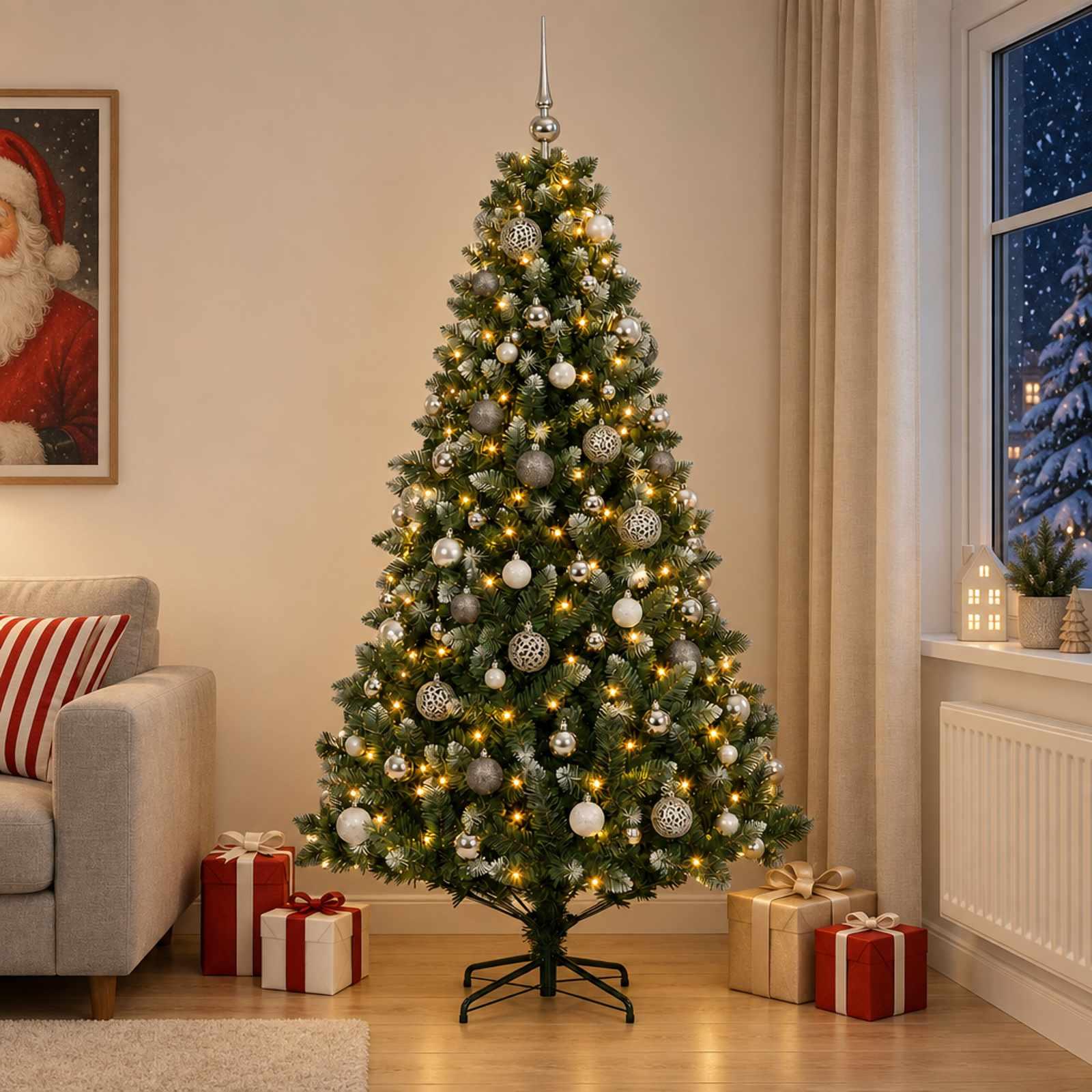 vidaXL Kunstig juletræ med kugler 180 cm 300 LED'er Varm hvid