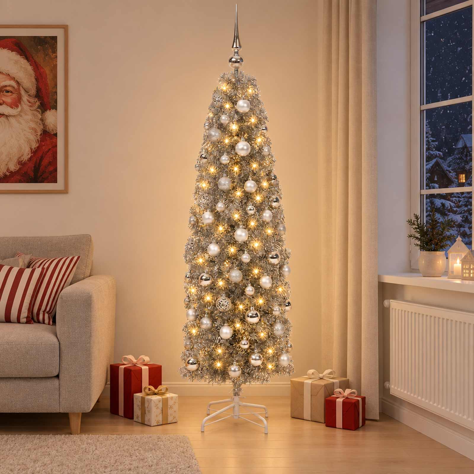 vidaXL Kunstigt slankt juletræ med julekugle 180 cm 300 LED'er