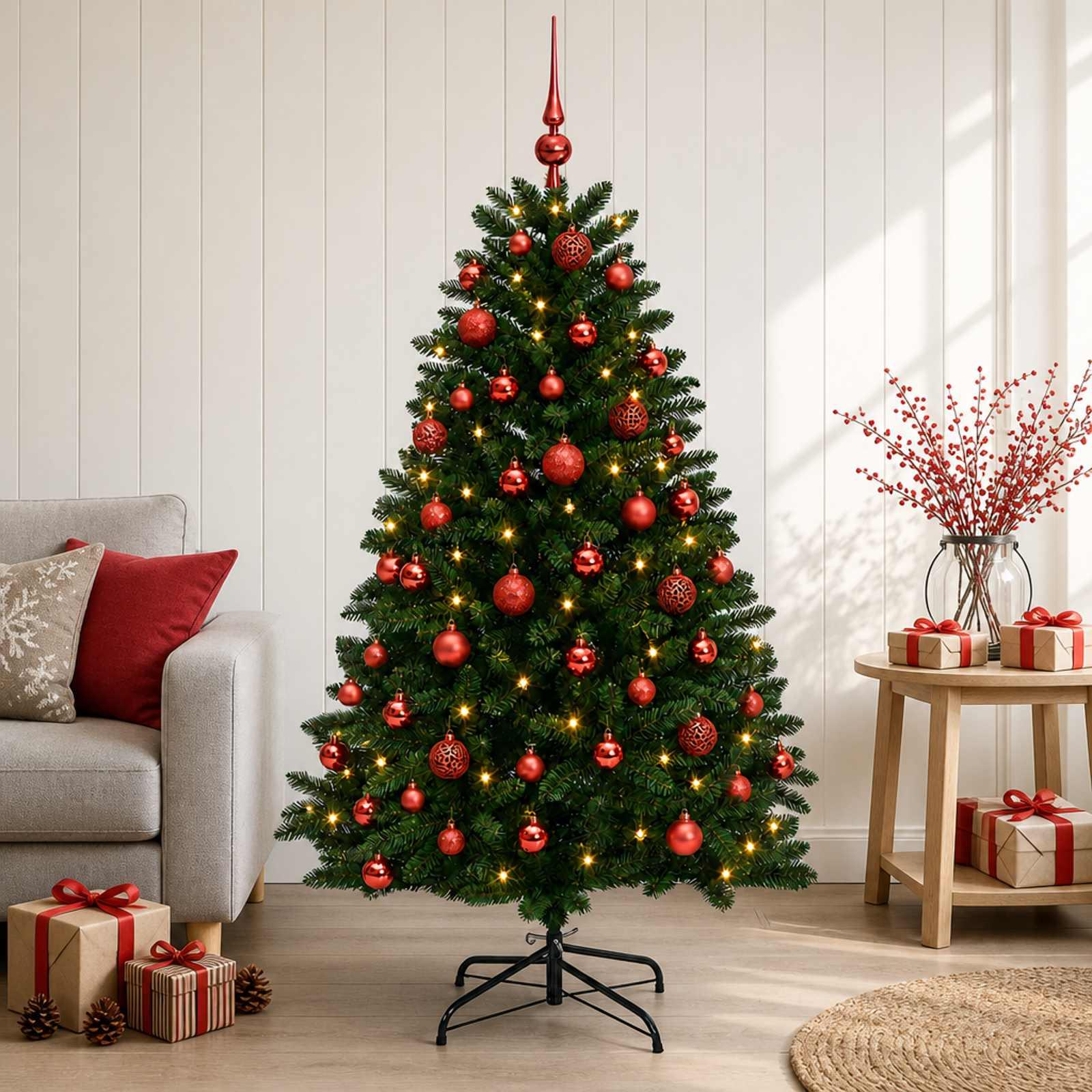 Kunstigt juletræ med LED-lyskæde og julekugler - mellemgrønt, 180 cm