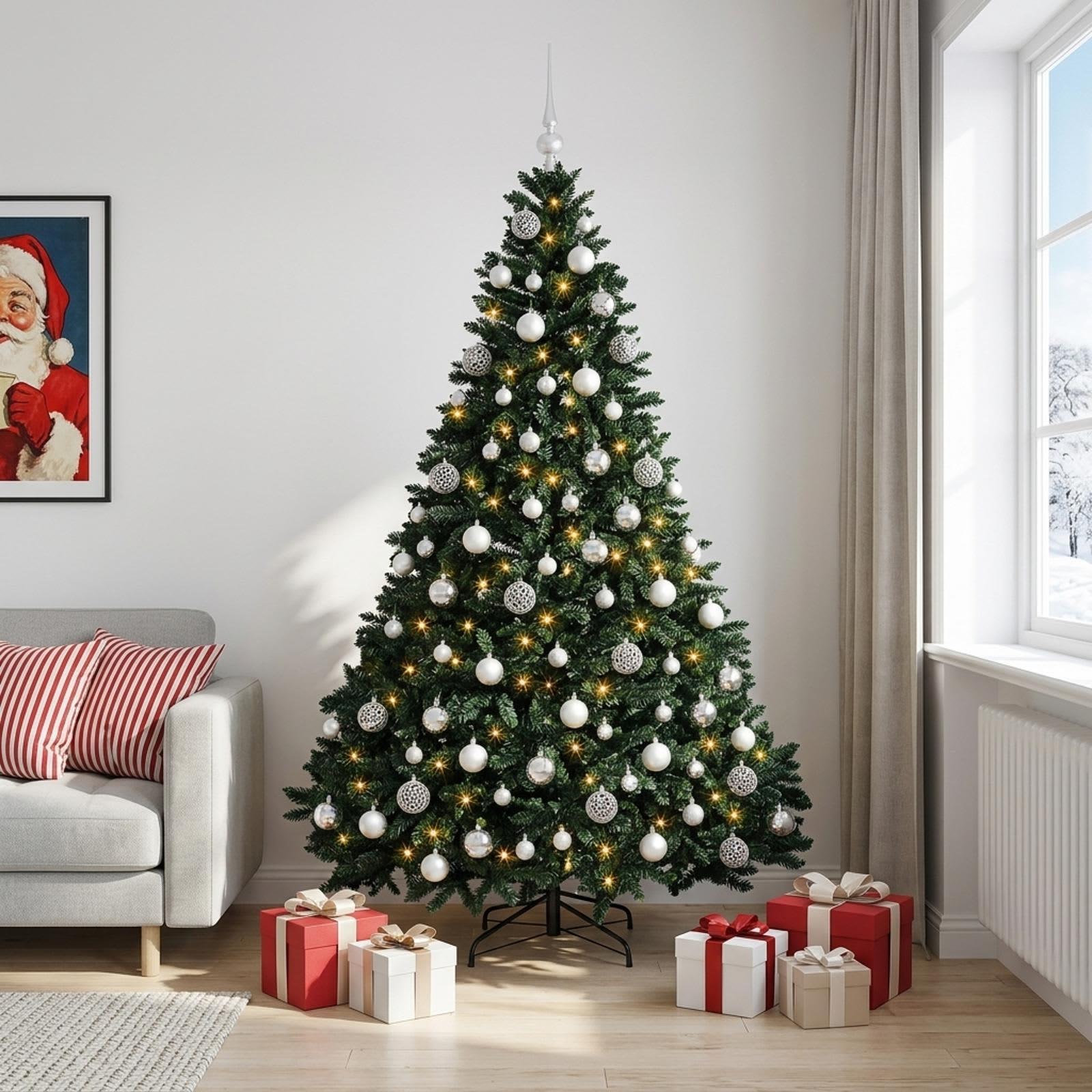 vidaXL Kunstigt juletræ mørkegrønt med julekugler 240 cm 300 LED'er