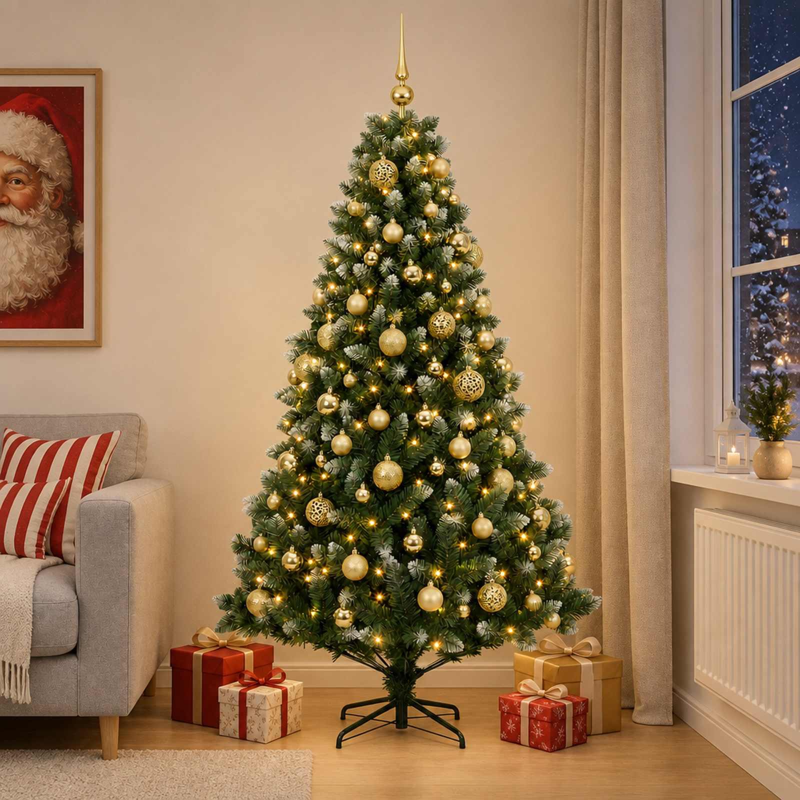 vidaXL Kunstig juletræ med kugler 180 cm 300 LED'er Varm hvid
