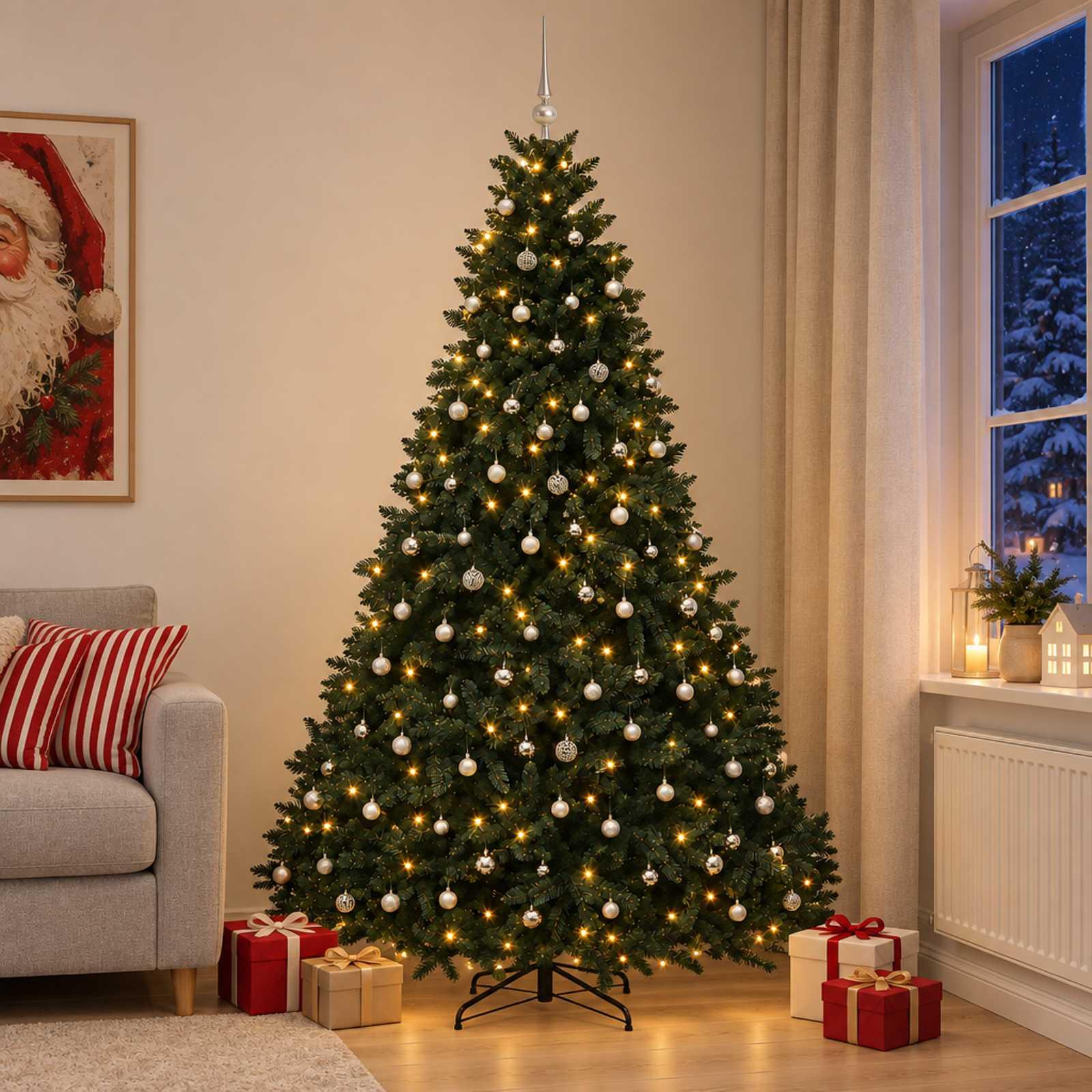 vidaXL Kunstigt mørkegrønt juletræ med julekugler 270 cm 600 LED'er