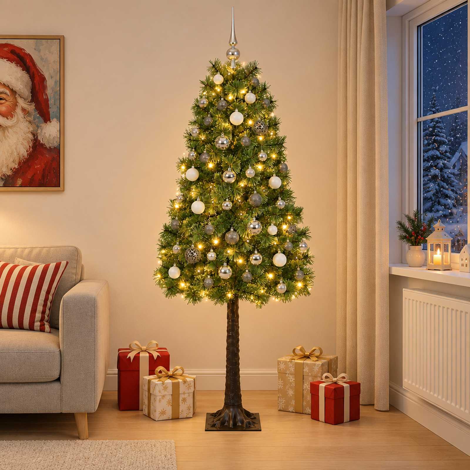 vidaXL Kunstigt hængslet juletræ med julekugler 120 cm 150 LED'er