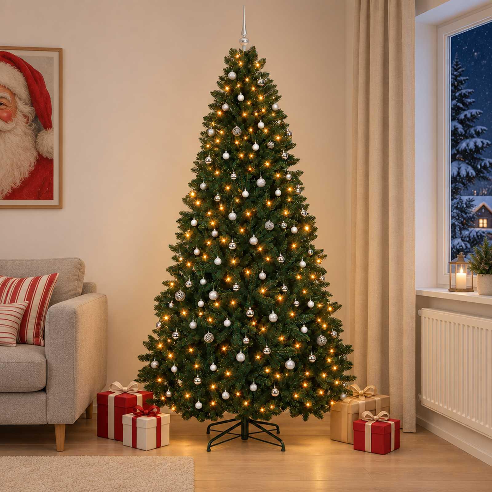 vidaXL Kunstigt juletræ mørkegrønt med julekugle 300 cm 600 LED'er