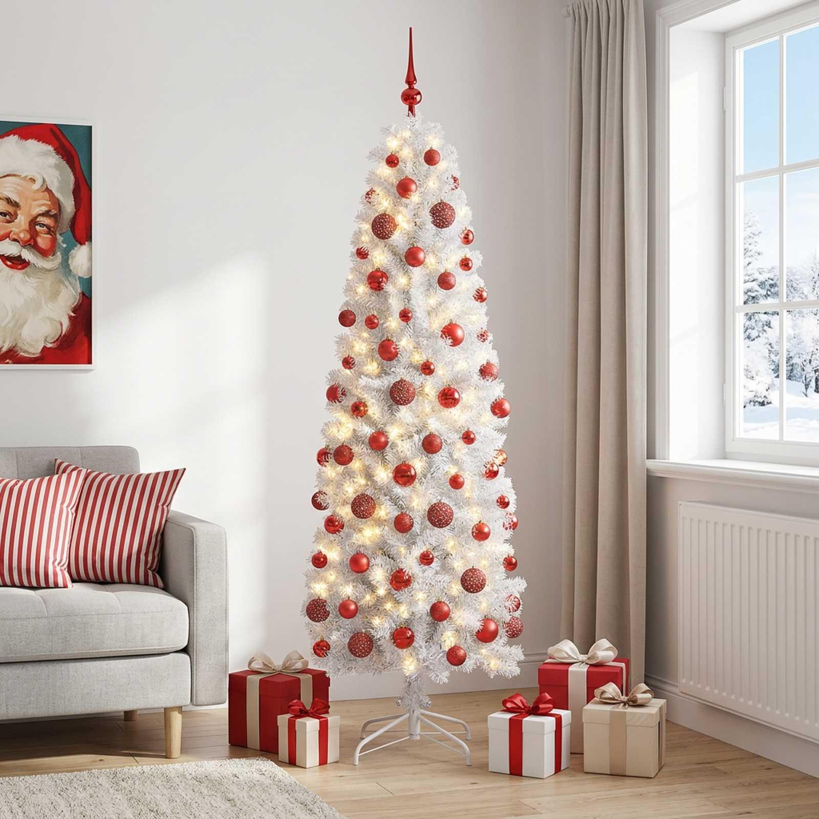vidaXL Kunstigt slankt juletræ med julekugle 240 cm 300 LED'er