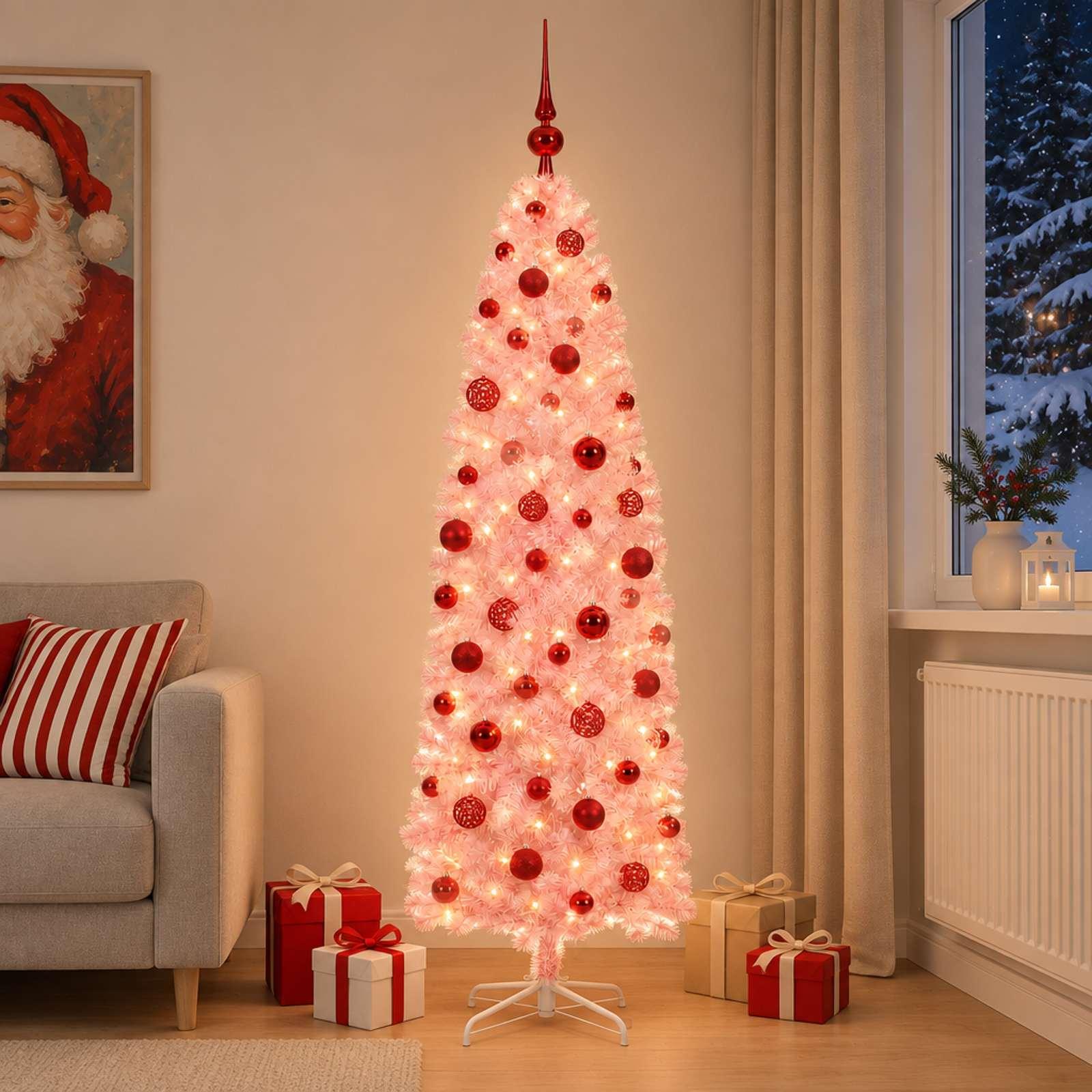 Kunstigt slankt juletræ med julekugler 180 cm 300 LED'er - lyserød
