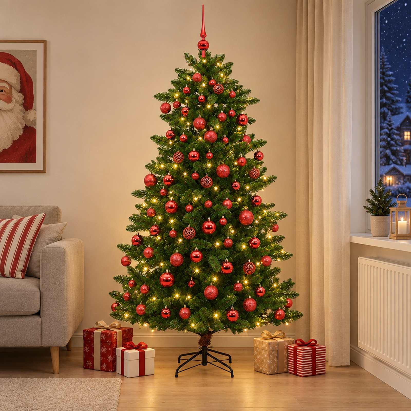 vidaXL Kunstig juletræ med kugler 180 cm 300 LED'er Varm hvid