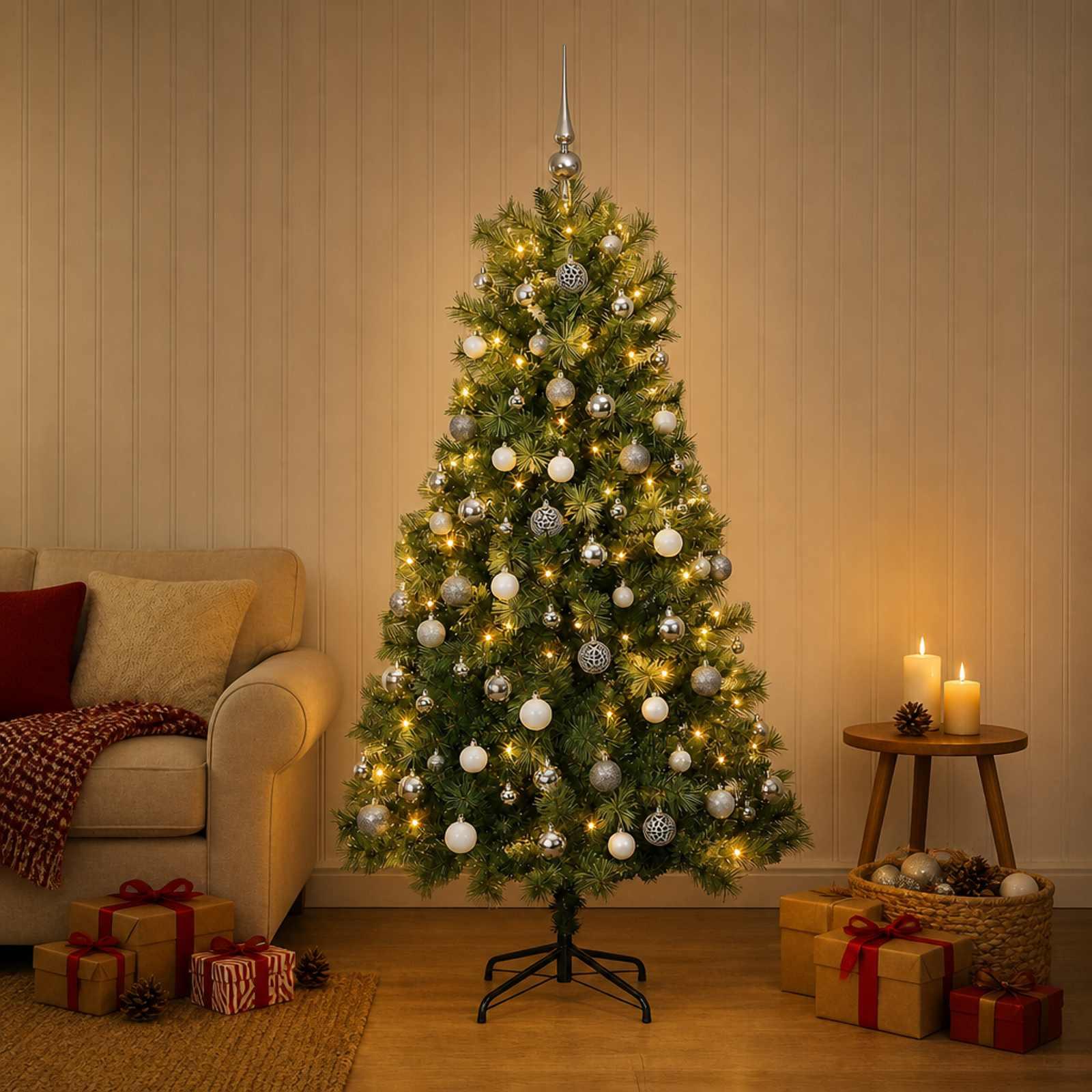 vidaXL Kunstigt hængslet juletræ med julekugler 120 cm 150 LED'er