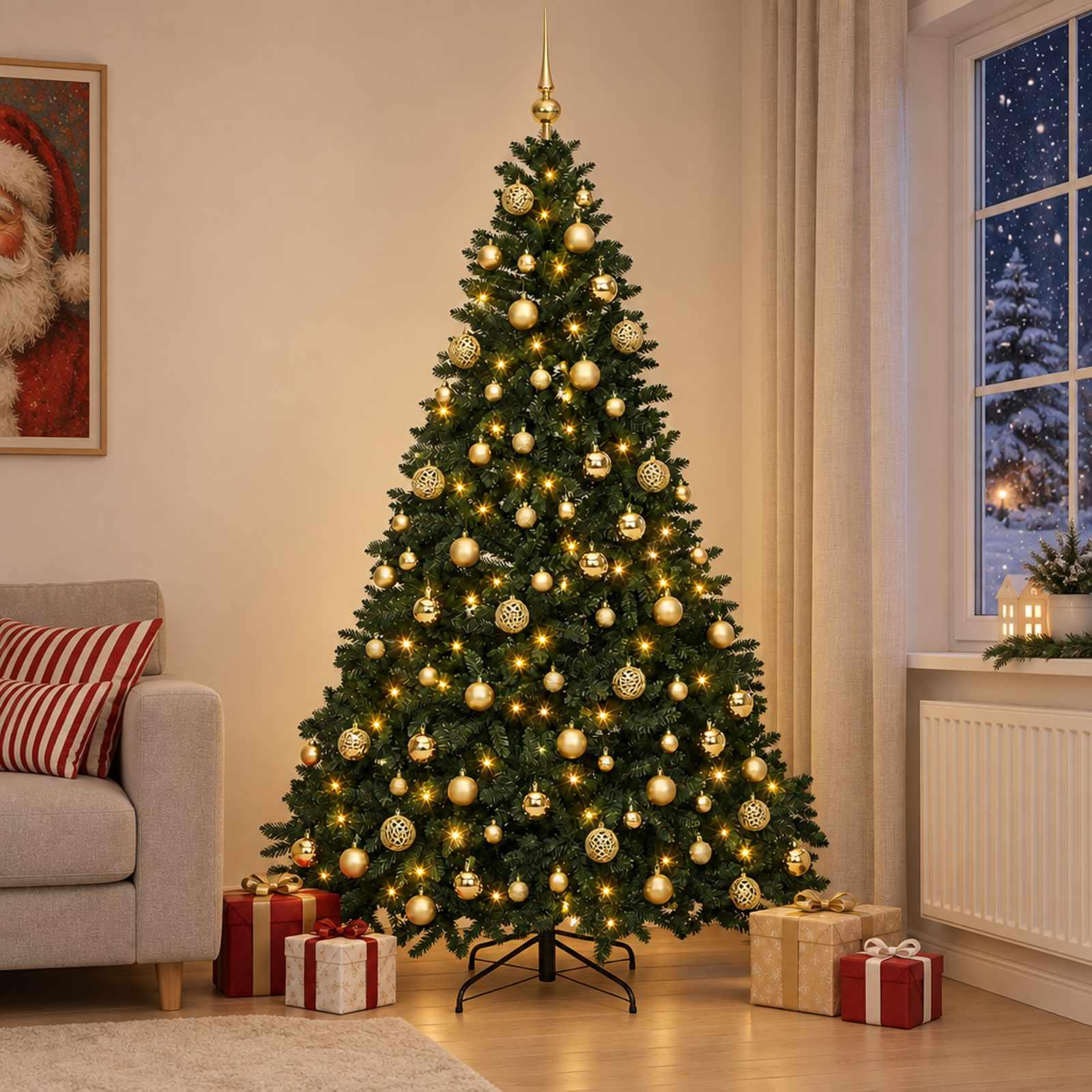 vidaXL Kunstigt mørkegrønt juletræ med julekugler 240 cm 300 LED'er