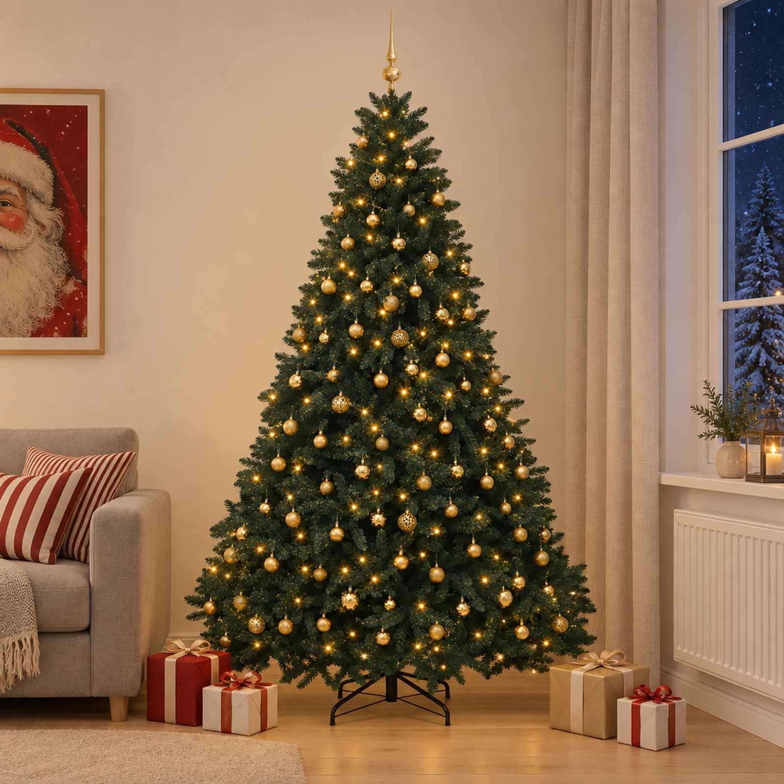 vidaXL Kunstigt juletræ mørkegrønt med julekugler 270 cm 600 LED'er