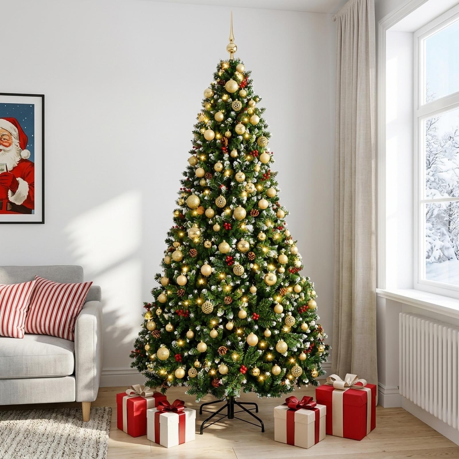 vidaXL Kunstigt juletræ, grønt med julekugler 240 cm 300 LED'er