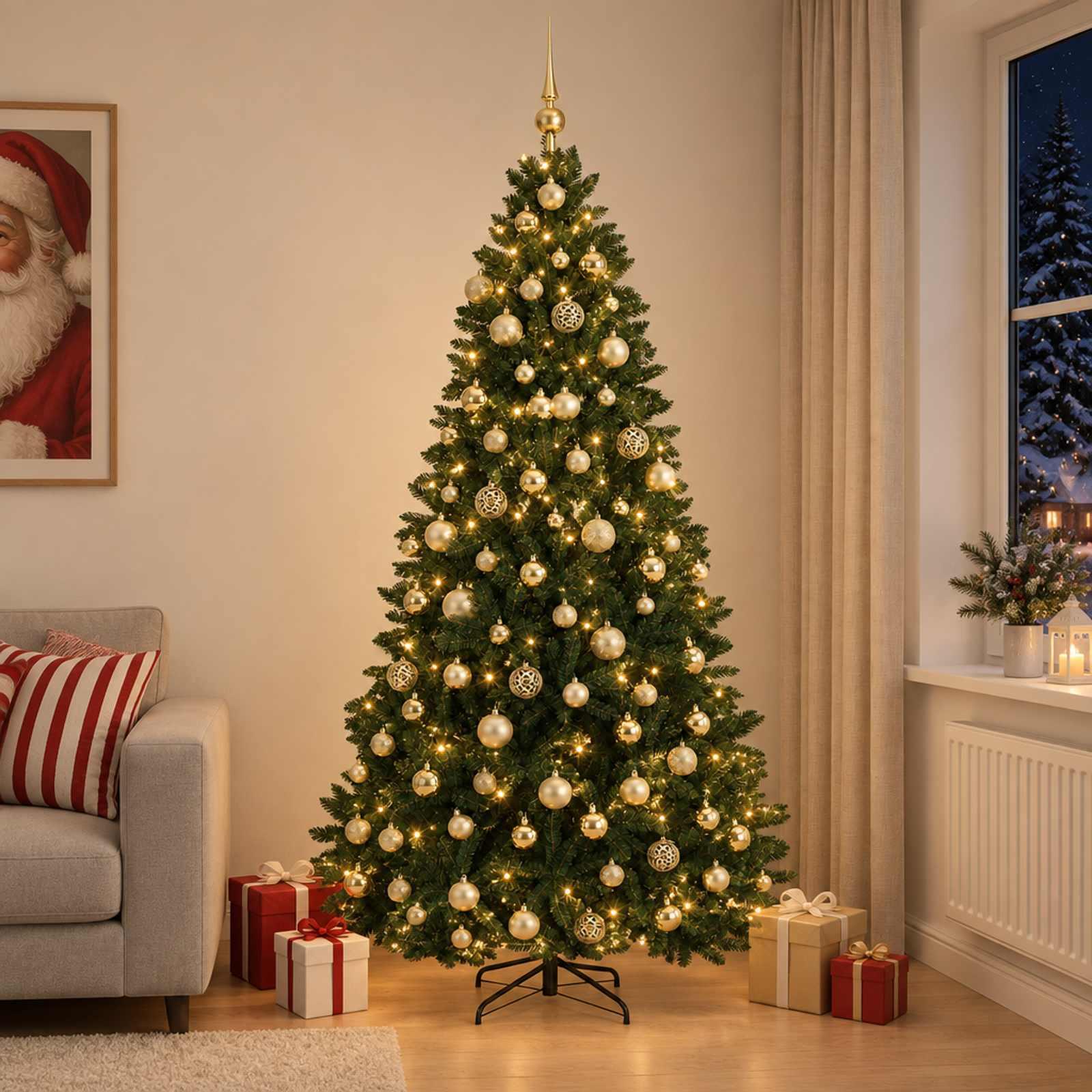 vidaXL Kunstigt juletræ mørkegrønt med julekugle 240 cm 300 LED'er