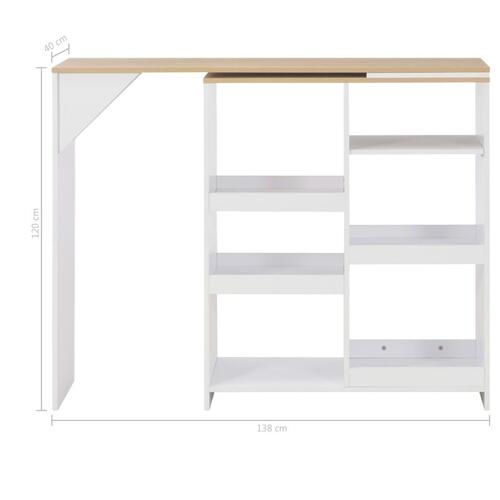 Barbord med flytbar hylde 138x39x110 cm hvid
