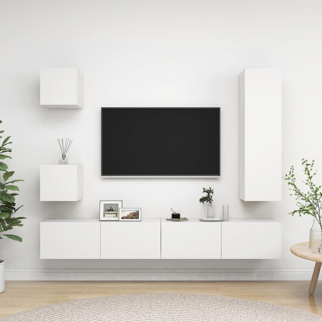 Væghængt tv-skabssæt i 5 dele i konstrueret træ - hvid