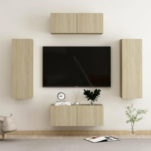 Tv-skabssæt 4 dele konstrueret træ sonoma-eg