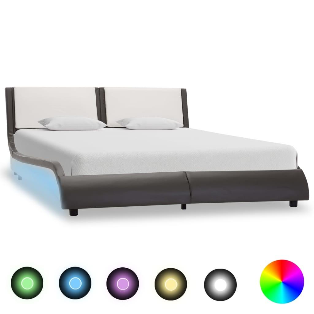 Sengestel med LED 140x200 cm kunstlæder grå og hvid