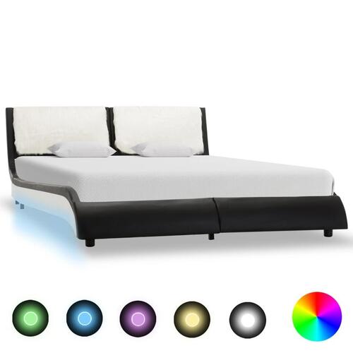 Sengestel med LED 140x200 cm kunstlæder sort og hvid
