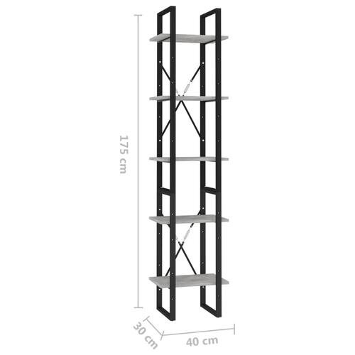 Bogreol 5 hylder 40x30x175 cm konstrueret træ betongrå