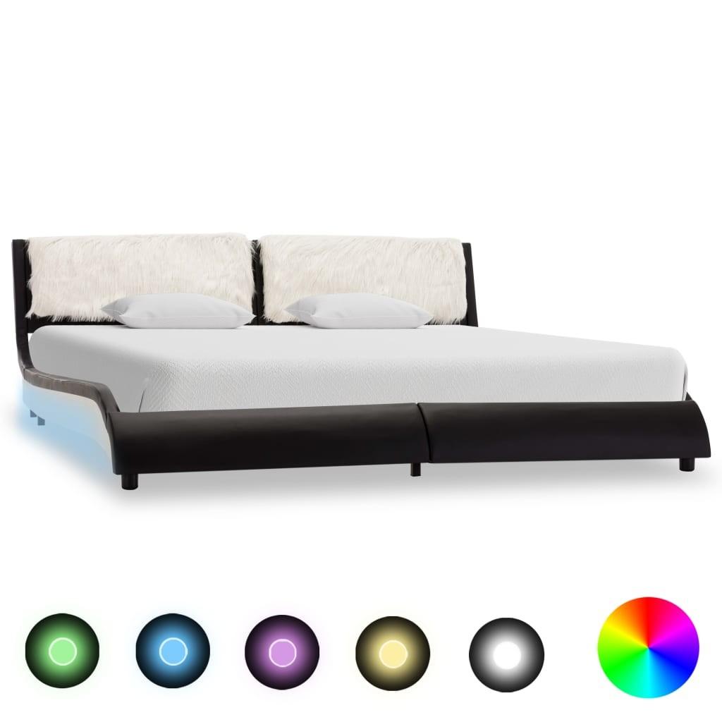 Sengestel med LED 180x200 cm kunstlæder sort og hvid