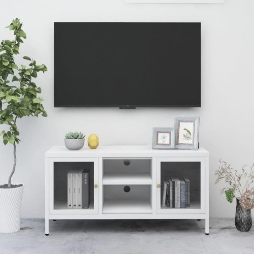 TV-bord i stål og glas - hvid, 105 x 35 x 52 cm