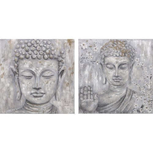 Lærredsmaleri - Buddha, grå/sølv, 100 × 100 cm (sæt á 2)