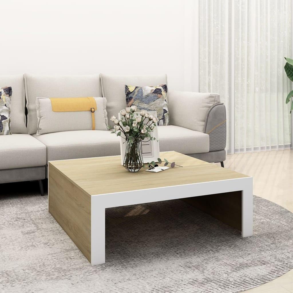Sofabord 100x100x35 cm spånplade hvid og sonoma-eg