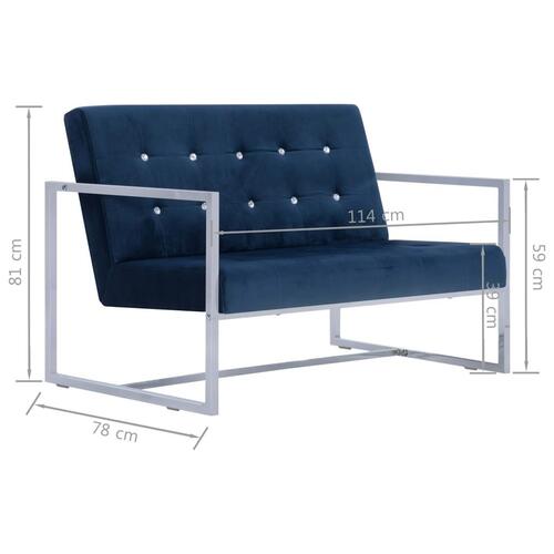 2-personers sofa med armlæn krom og fløjl blå