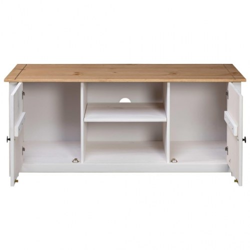 Tv-bord i massivt fyrretræ - Panama-serien, 120 × 40 × 50 cm, hvid/natur