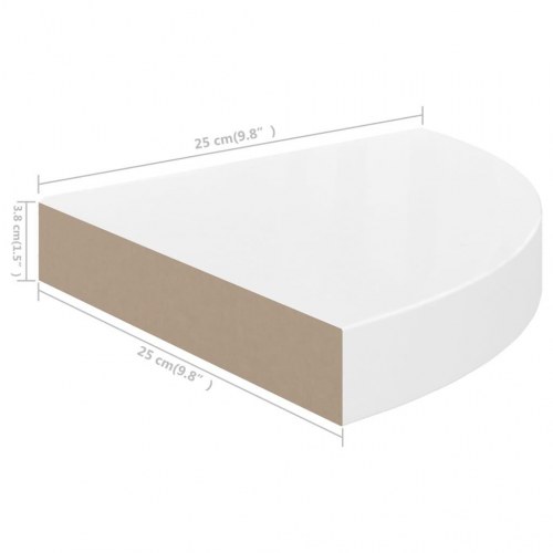Svævende hjørnehylder - 2 stk., højglans hvid, 25×25×3,8 cm, MDF