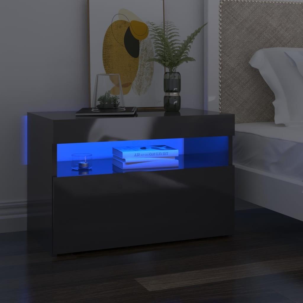 Sengebord med LED-lys 2 stk. 60x35x40 cm grå højglans